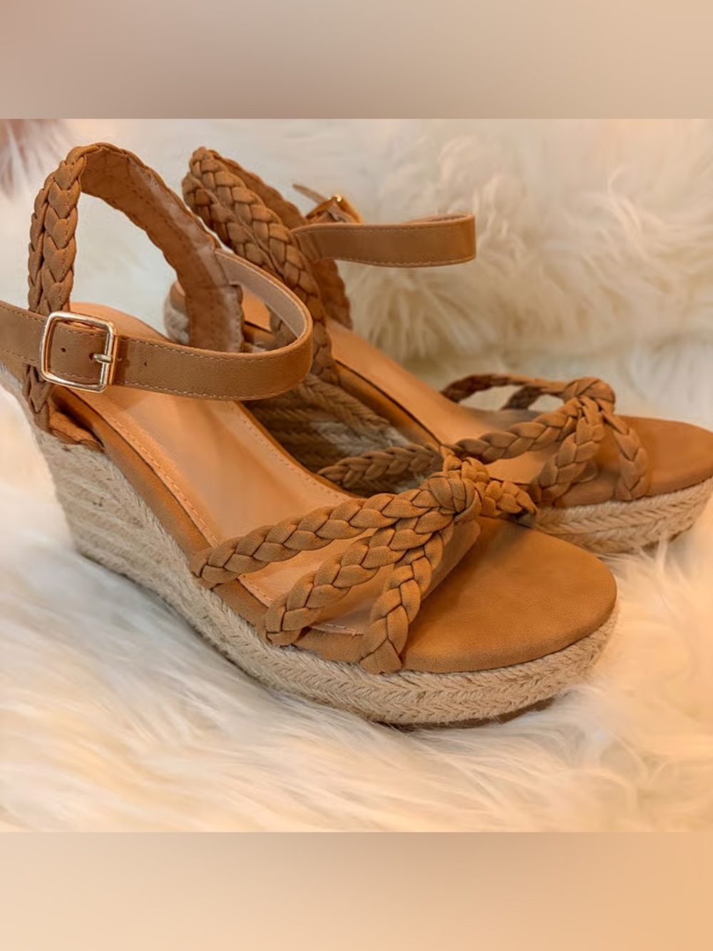 Time and Tru Braided Tan Espadrille Wedge Sandals